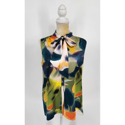 Lafayette 148 Women's Blouse Sz 4 Sleeveless Secretary Tie Hidden Button Satin 