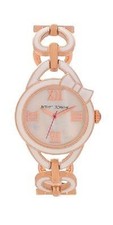 NEW BETSEY JOHNSON ROSE GOLD+WHITE BOW & HEART BAND,MOP DIAL WATCH-BJ00097-03