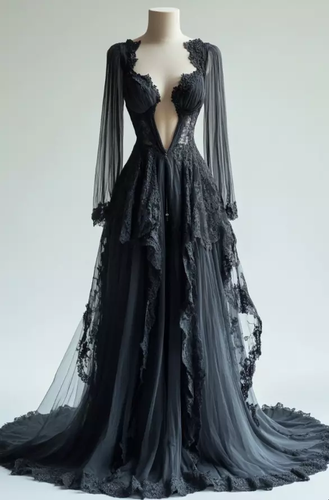 Gothic Black Wedding Dresses Long Sleeve Deep V Neck Lace Appliques ...