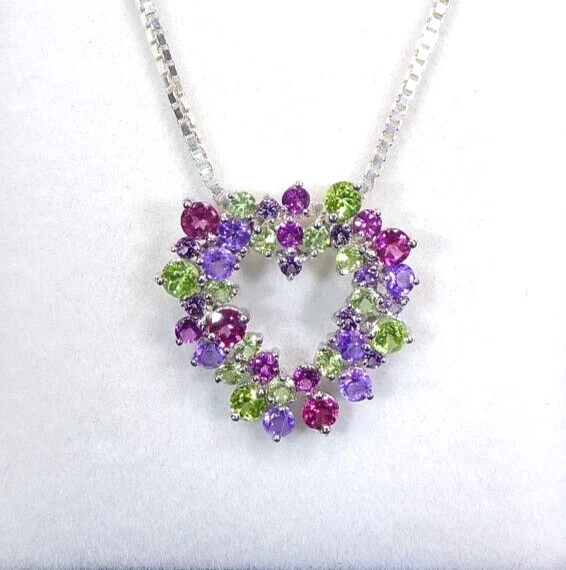Natural Peridot,Amethyst & Rhodolite Garnet Solid Sterling Silver Necklace-51 cm - image 2 of 4