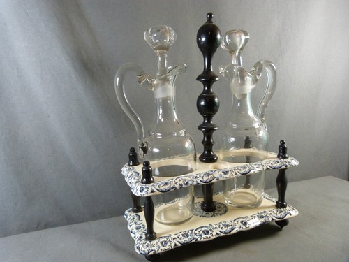 Superbe Serviteur Huilier et vinaigrier en porcelaine de GIEN, cristal fin 19ème - Picture 2 of 12