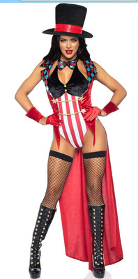 Women's 4 Pc Circus Ring Mistress Costume with Bodysuit, Jacket, Cuffs, Hat...