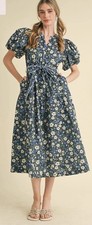 &merci Navy Blue Floral V-Neck Puff Sleeve Midi Dress Size Small