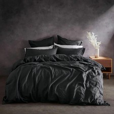Duvet Cover Set 100% Washed Charcoal Linen Lazy Linen Breathable Grey Soft