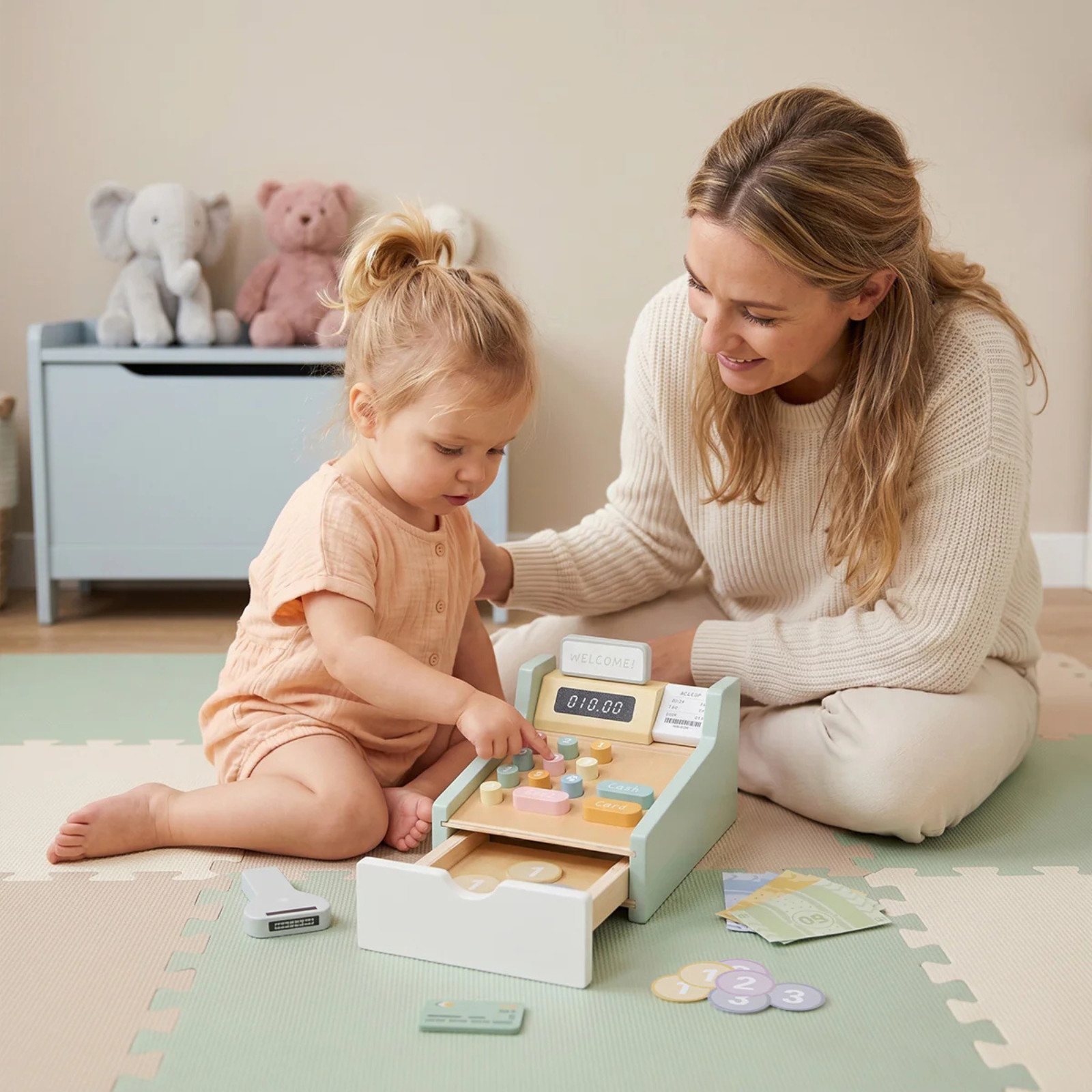 как выглядит Wooden Cash Register Toy Pretend Play Store Set Kids Calculator Money Toy фото