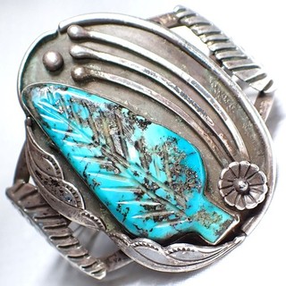 OLD Southwestern Sterling Silver Cuff Bracelet CARVED TURQUOISE 2” Signed JM