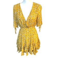 PETAL + PUP Women's 6 Yellow Floral Faux Wrap Mini Dress Ruffles Tiered Cottage