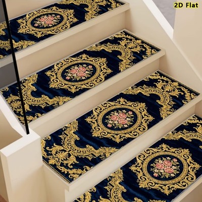 Deep Blue Base with Golden Trim, Ornate Baroque Pattern Stair Treads, Non-slip