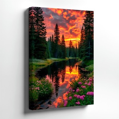 Wall Art Forest River Sunset Landscape Print Pine Trees Reflection Flower Decor