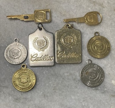Lot Of  8 Vintage Cadillac Keys Key Fob Roadside Service Key Ring Brass Chrome