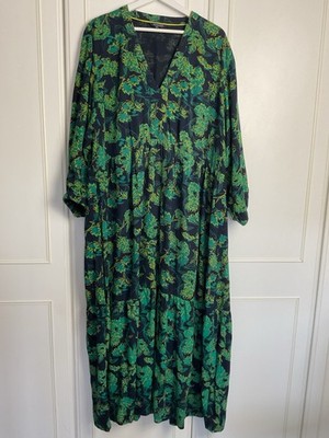 Weird Fish Kleid Damen Größe UK 22 blau grün Blumen Midaxi Stufen Boho Taschen