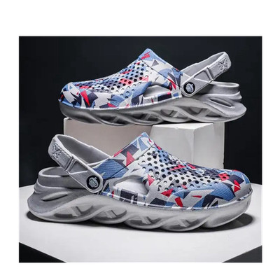 Men's Sie 10 Geometric Pattern Slip-On Clog Shoes Gray Blue Red EVA Non-Slip