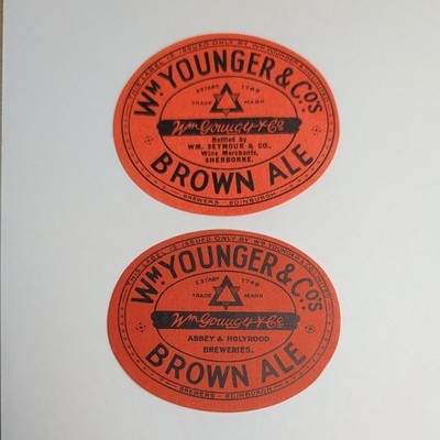 Vintage Wm Younger & Co Brown Ale - horizontales nie benutztes Bieretikett (2er Pack)
