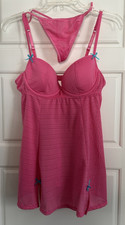 Vintage hot pink baby doll lingerie set nightie Medium sheer