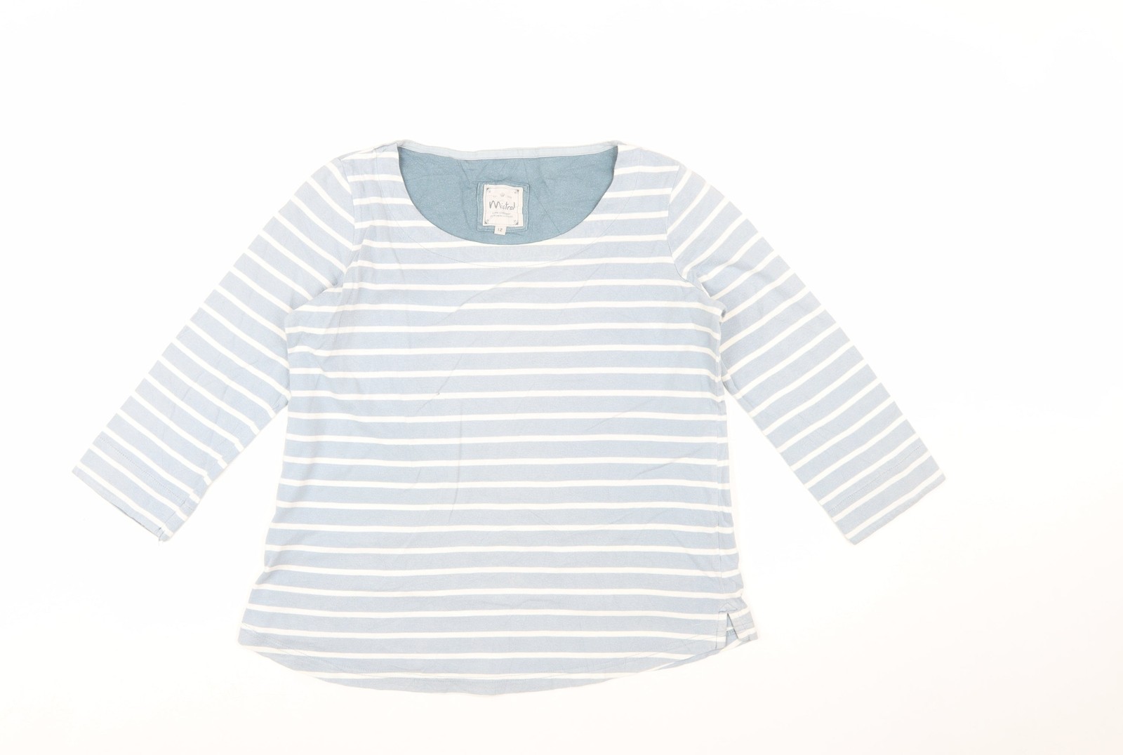 Mistral Womens Basic T-Shirt Size 12 Blue Striped Scoop Neck 3/4 Sleeve Casual image 2
