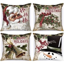 Vintage 18x18 Christmas Throw Pillow Covers Set of 4, Retro Santa Claus Snowm...