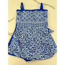 Maxine of Hollywood Blue White Tile Print One Piece Swimsuit Tummy Control 12