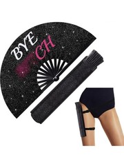Bachelorette "BYE CH" Folding Fan, Glitter, Black/Pink/White w/ Bag Leg Strap