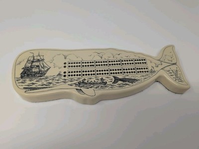 VINTAGE NCT (C) BA FAUX IVORY SCRIMSHAW CRIBBAGE BOARD OCEAN WHALING SCENE