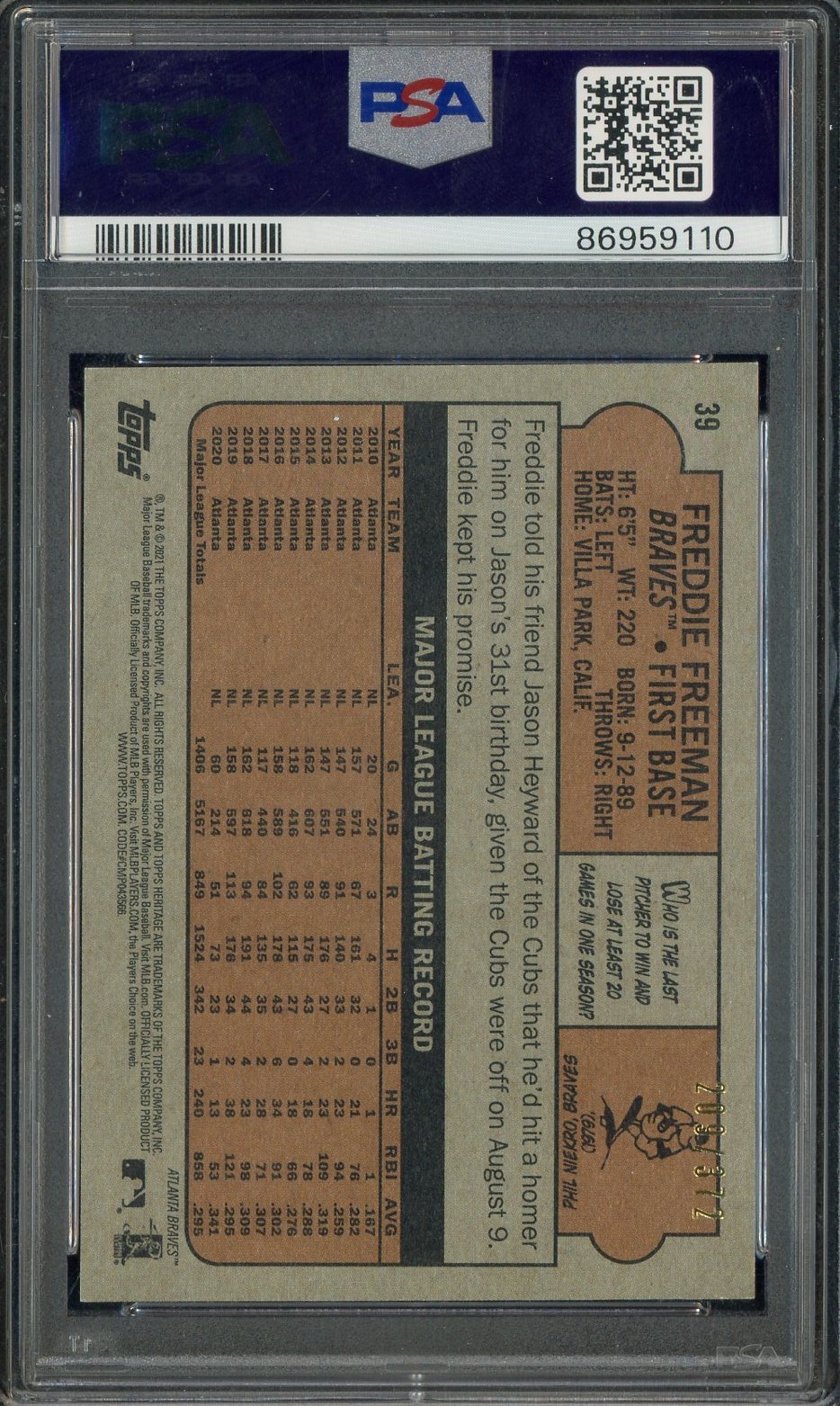 2021 Topps Heritage Chrome Red Refractor #39 Freddie Freeman Braves /372 PSA 10 view 2