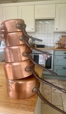 Vintage French Copper Saucepan Set x5 | Graduated | Teardrop Cast Iron Handles |