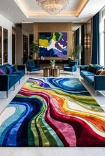 Hand-Tufted Silk Rug Multicolor Wave Art, Hand Tufted Abstract Modern Decor