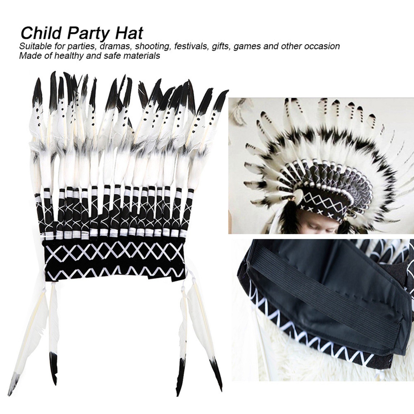 Black Native American Headdress Black Chief Indian Feather Hat Funny Child P BL