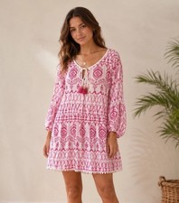 Tommy Bahama Ikat Summer Dress Large 100% Cotton White With Pink EUC Lined