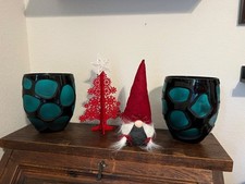 Two Vintage Abstract Honeycomb Modern Teal & Black Art Glass Vase