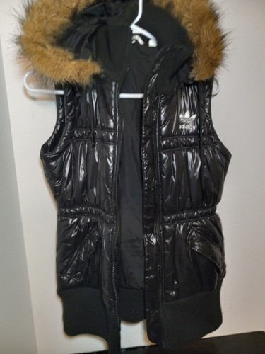 Women's Adidas Originals Black Vest Fur Trim Hood Medium Trefoil Logo Silver  - Picture 14 of 23