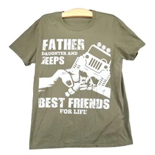 Father Daughter and Jeep T-Shirt Mens S Short Sleeve Green Crew Neck Regular Fit