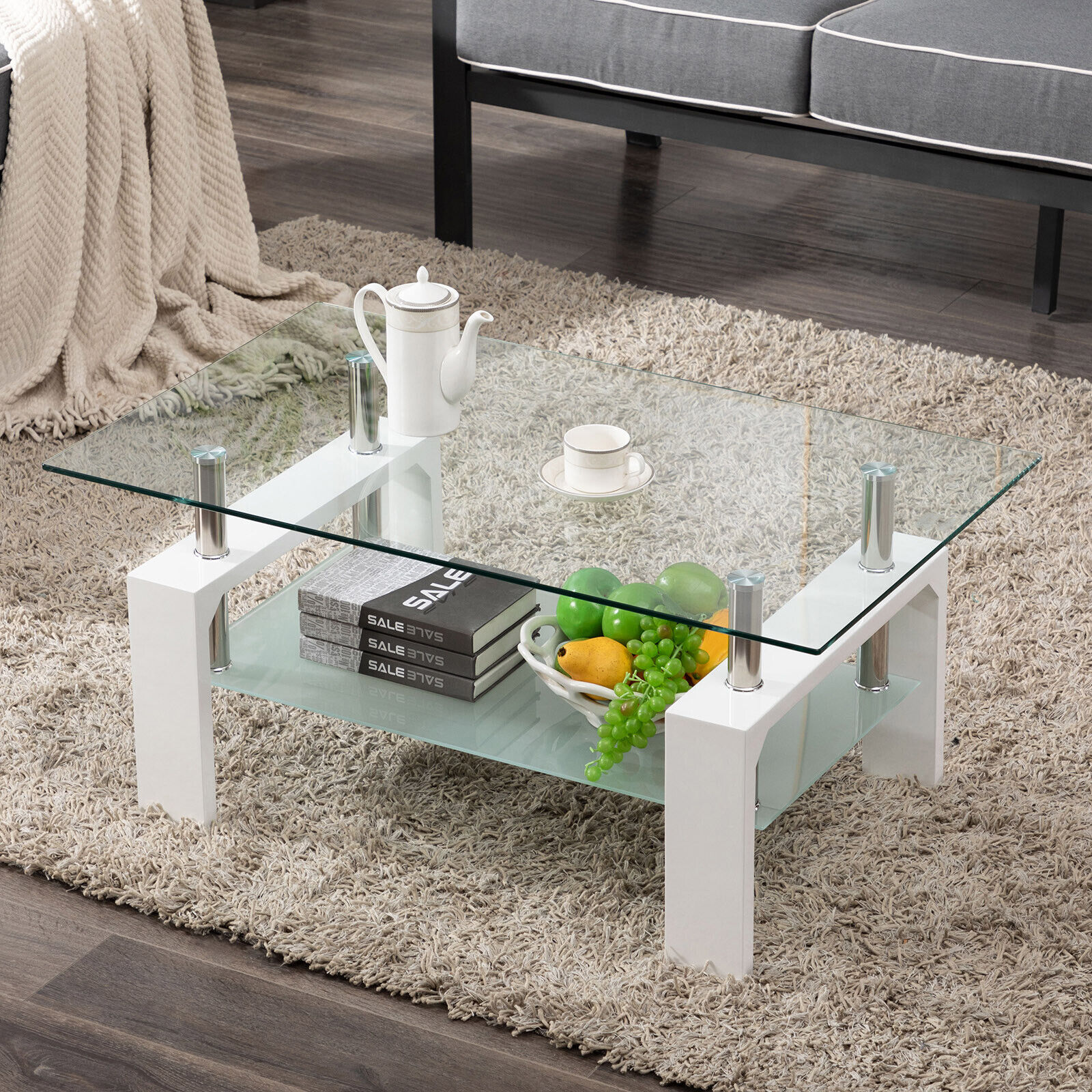 White Modern Side Coffee Table Glass Top Living Room Furniture Rectangle Shelf