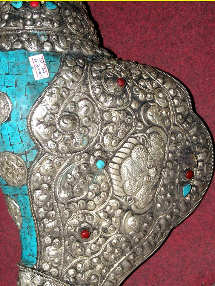 Tibetano Soplando Shankh Caracola Trompeta Cuerno Estatua Turquesa Azulejo Decoración del Hogar Foto 3 de 4