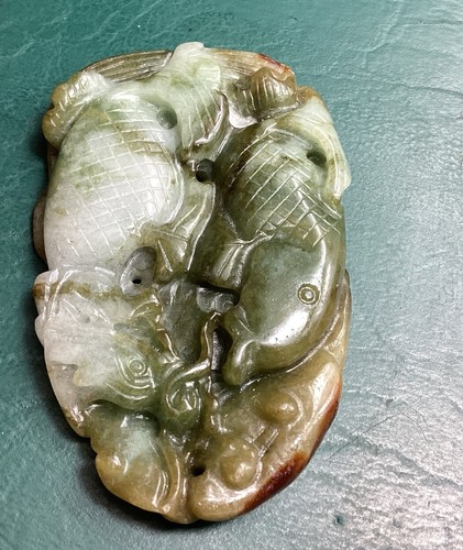 Green & Light Tan 2 Sided Jadeite Dragon Fish, Fish & Mushroom Pendant - Picture 3 of 15
