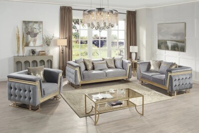 NEW Gray Gold 3PC Sofa Loveseat Chair Velvet Tufted Contemporary Living Room Set