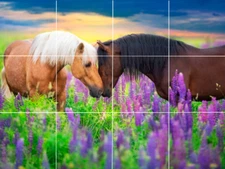Palomino & Arabian bay horse Lupine garden sunrise ceramic tile mural backsplash