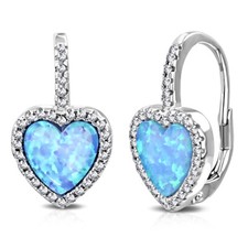 925 Sterling Silver Clear CZ Blue Opal Love Heart Hoop Dangle Earrings