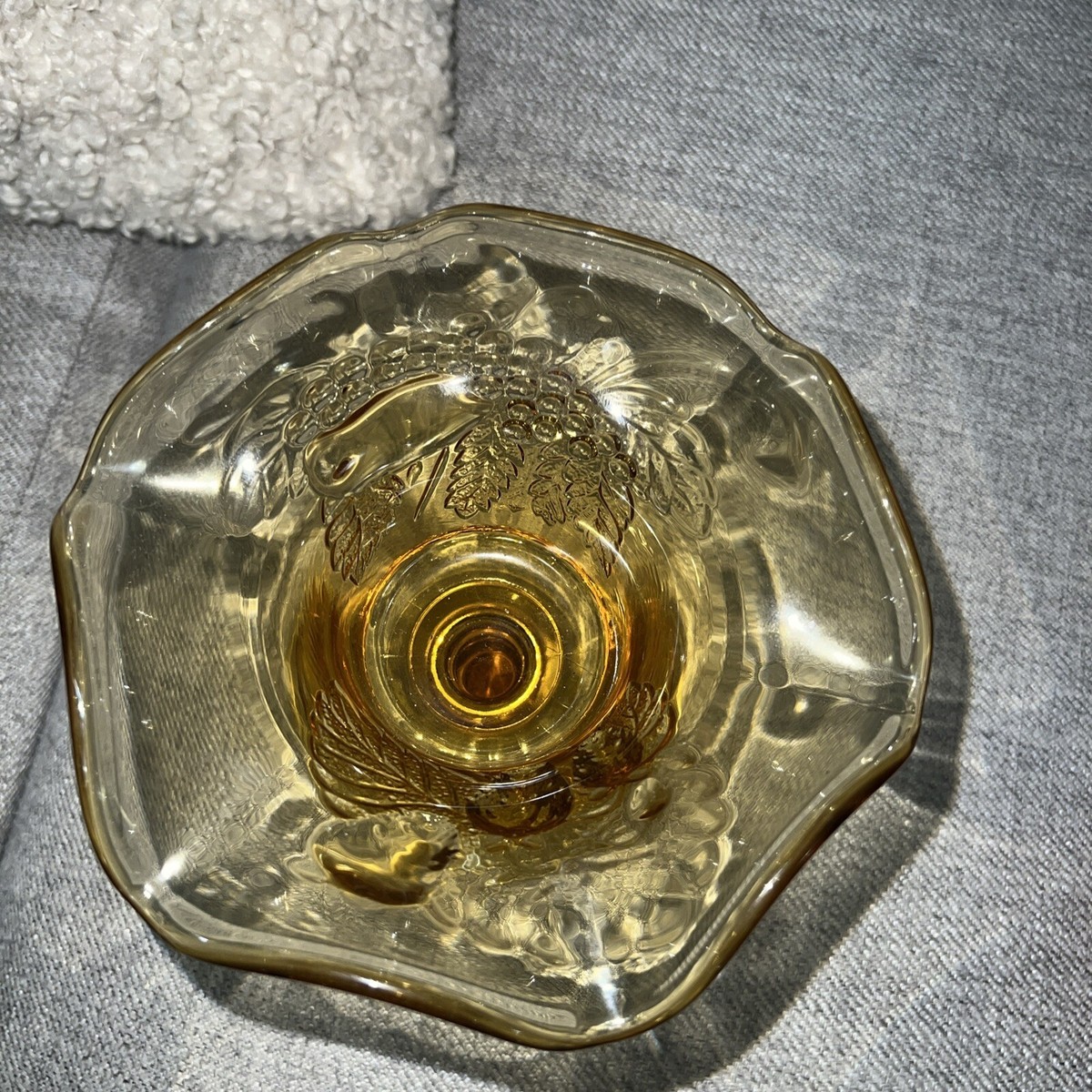 Vintage Tiara Amber Glass Ruffled Top Fruit Design On Glass Small