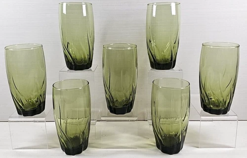 7 Anchor Hocking Central Park Ivy Green Iced Tea Set Vintage Drink Tumblers Lot