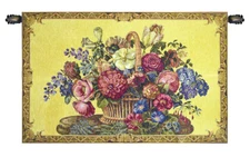 Yellow Chenille Background Italian Tapestry Wall Hanging, Modern Floral Design