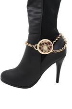 Women Gold Color Metal Chain Artsy Boot Bracelet Shoe Animal Print Charm Cowgirl