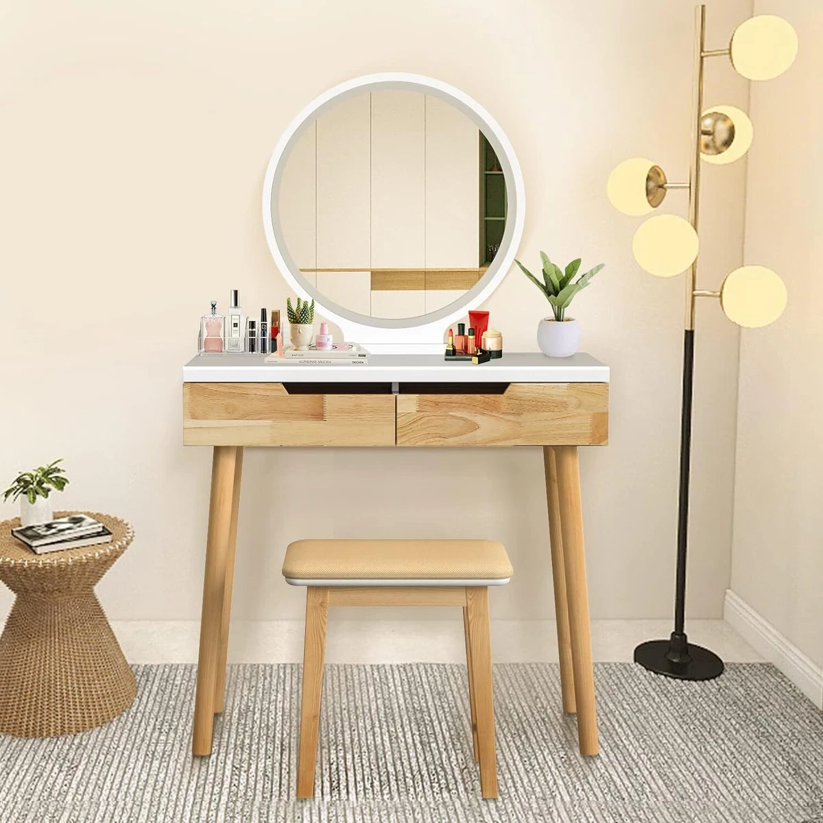 Vanity Table Set Dressing Table Cushioned Stool Makeup Table