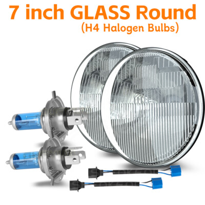 7'' Stock Glass Lens Metal Headlight 12 Volt Halogen H4 Light Bulb Headlamp Pair