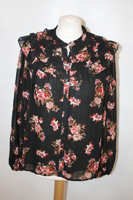 LANGÄRMLIGE BLUSE SCHWARZ GEBLÜMT GRÖSSE 10 8244 neu ohne Etikett