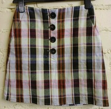 MANGO multi check short skirt, button front, XS/UK 8, lined, pockets NWOT