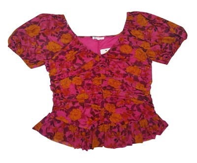 DR2 Pink/Orange Floral Gathered Peplum Blouse XXL, Square Neckline,  NWT