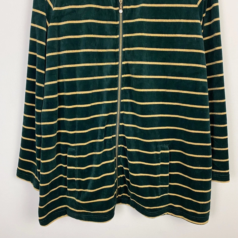 Quacker Factory Velour Zip Jacket Green Yellow Stripe Size 2X - Image 3 of 4