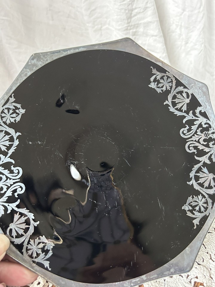 VINTAGE CAMBRIDGE BLACK AMETHYST GLASS FOOTED CANDY DISH ART DECO