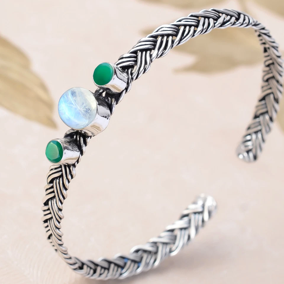 Подарочный браслет на день рождения из стерлингового серебра 925 пробы с радужным лунным камнем и зеленым ониксом - Изображение 4 из 4