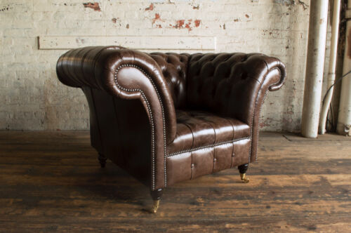 HANDMADE VINTAGE BROWN DISTRESSED LEATHER CHESTERFIELD ARMCHAIR, CLUB CHAIR - Picture 2 of 6